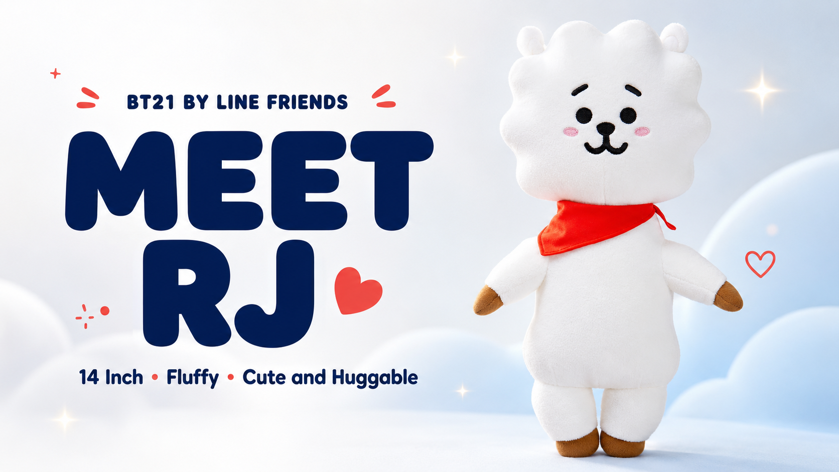 BT21 RJ Medium Soft Toy – 14” Fluffy Plush with Red Scarf | Cute
